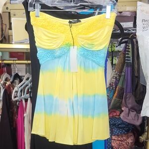 Sky Yellow and Light Blue Tie-Die Strapless Tank Top